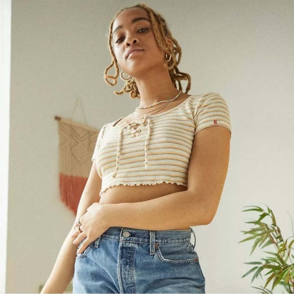 Urban Outfitters BDG Abby Lace-Up Stripe 100% Cotton Crop Top Size Medium - Picture 1 of 5
